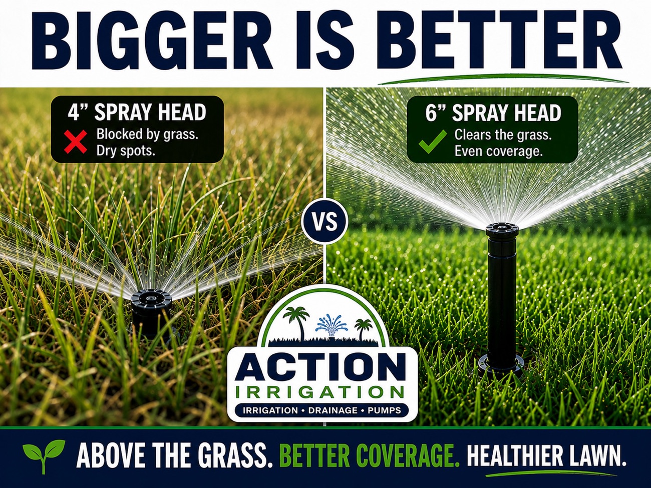 4-inch vs 6-inch sprinkler spray head — the taller 6-inch head clears thick Florida grass for even coverage, the 4-inch is blocked and leaves dry spots